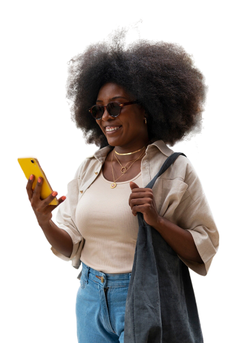 Lady all smiles looking at her phone | Naivas App | online shopping in Kenya